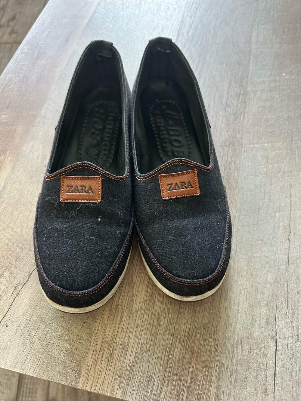Zara Black Canvas Slip-On Loafers with Brown Trim Patch